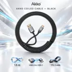 Akko Coiled Cable – Black 1.5 m TPU USB-A to USB-C Keyboard Cable with Zinc Alloy Connectors