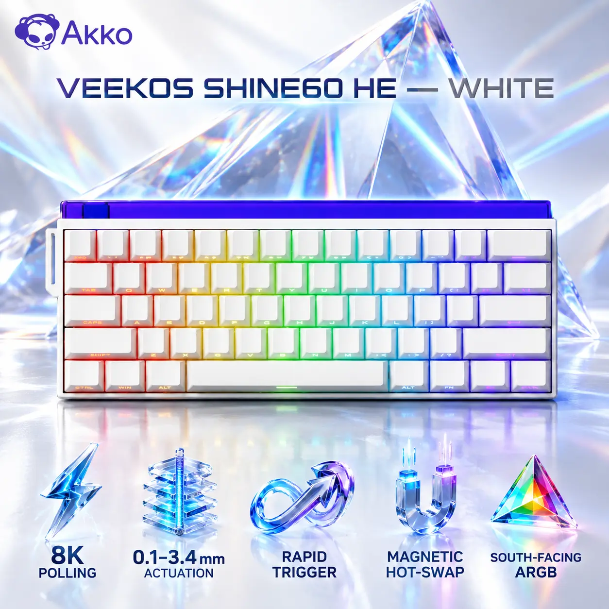 IMG_6abe639c32d85.webp Akko Veekos Shine60 HE White 60% Wired Magnetic Gaming Keyboard with Flash Switches, 8K Polling, Adjustable 0.1–3.4 mm Actuation, Rapid Trigger, Hot-Swap and ARGB - Image 1