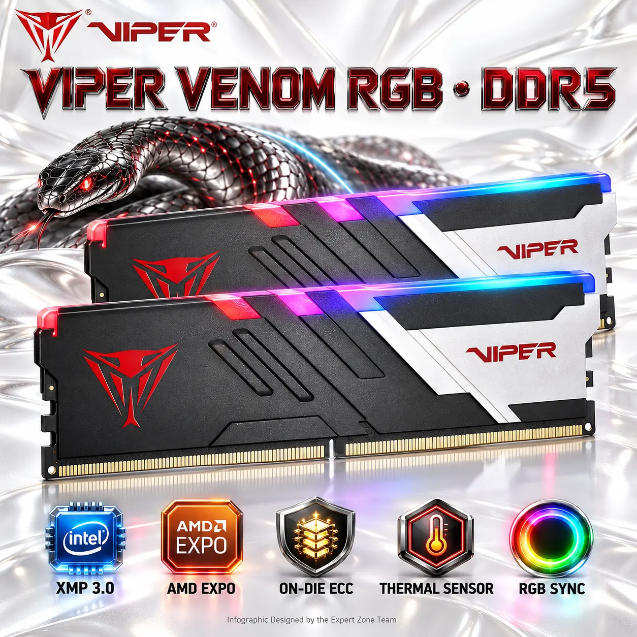IMG_6abf8dca53c14-5.webp Patriot Viper Venom RGB 32GB (2x 16GB) DDR5 6400MT/s CL32 Desktop RAM Kit 1.40V, RGB Sync, On-Die ECC, Aluminum Heatspreader, Intel XMP 3.0 & AMD EXPO Compatible | BLACK ~ PVVR532G640C32K - Image 1