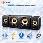 Kisonli U3300T 2.2 Bluetooth Speaker System, 3-Piece, 15W, USB and AUX Connectivity, DC 5V / 1A, Compact Desktop Audio for Music, Gaming and Movies