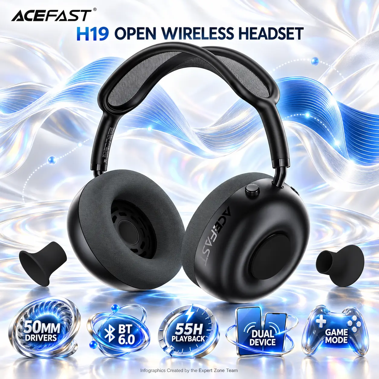 IMG_6abfae9570a27.webp ACEFAST H19 Black Open Wireless Headset with 50mm Drivers, Bluetooth 6.0, Dual-Device Connection, Switchable Open/Closed Modes, 55-Hour Playback, USB-C Charging, ENC Microphone - Image 1