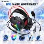 ACEFAST H16 Black Wired Gaming Headset with 50mm Hi-Fi Drivers, RGB Lighting, Omnidirectional Mic, 2m Cable, 3.5mm Audio and USB-A Power Connection