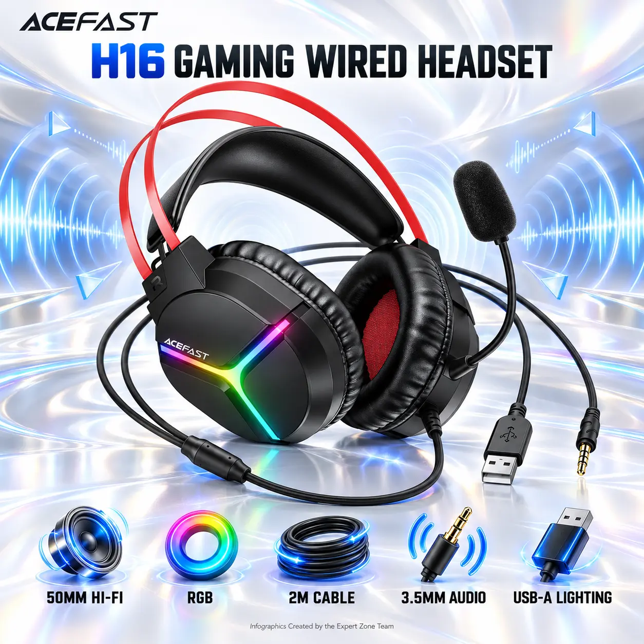 IMG_6abfb15a98622.webp ACEFAST H16 Black Wired Gaming Headset with 50mm Hi-Fi Drivers, RGB Lighting, Omnidirectional Mic, 2m Cable, 3.5mm Audio and USB-A Power Connection - Image 1