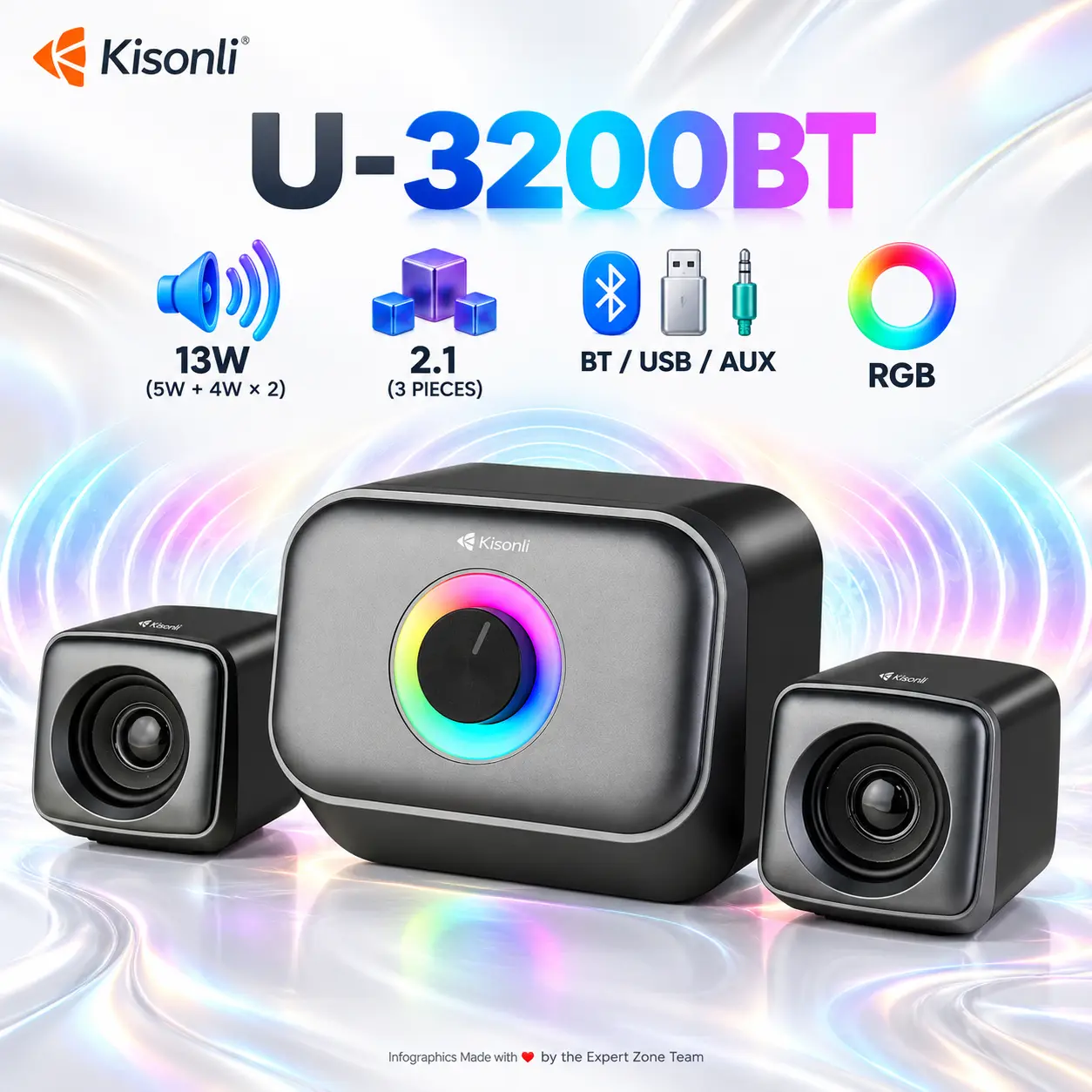 IMG_6ac394ba1d2b3.webp Kisonli U-3200BT 2.1 RGB Speaker System, 3-Piece Desktop Setup, 13W Output, Bluetooth, USB and AUX Connectivity, DC 5V/1A Power, Black - Image 1