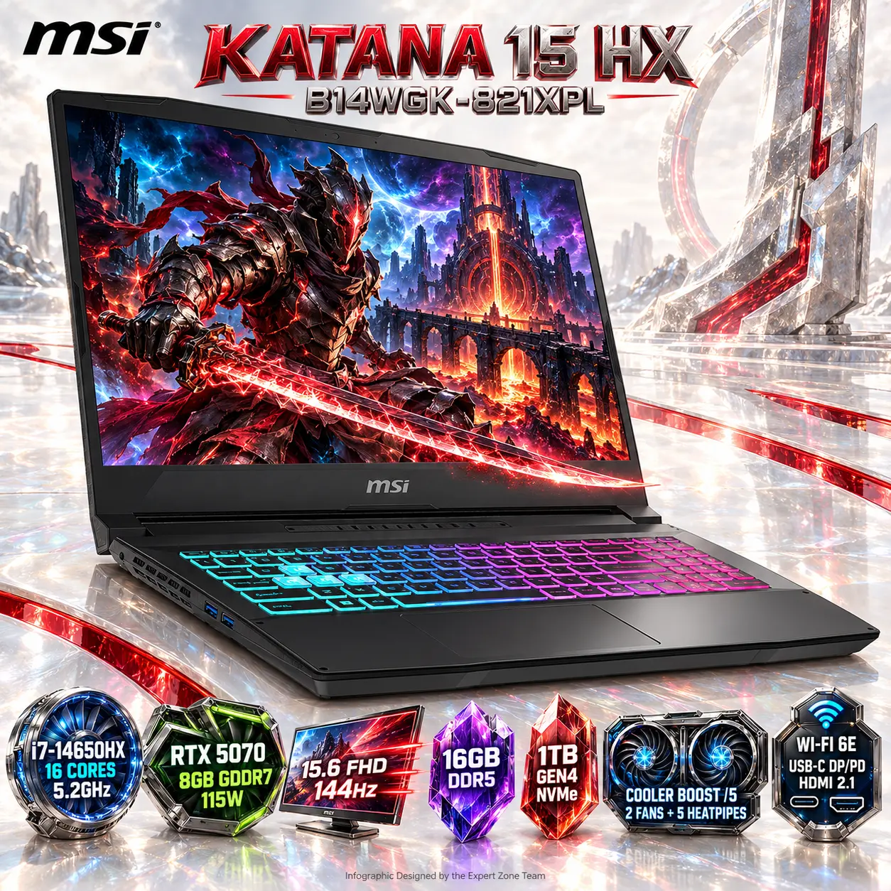 IMG_6ac4ab4f40d4f-1.webp MSI Katana 15 HX B14WGK Intel® Core i7-14650HX | 16GB DDR5 RAM ; 1TB NVMe | RTX 5070 , 8GB | 15.6-inch 144Hz IPS Display | 4-Zone RGB Backlit Keyboard | DOS | BLACK - Image 1