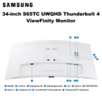 Samsung ViewFinity S6 S65TC 34-inch UWQHD 100Hz 1000R Curved Monitor, 5ms, HDR10, Thunderbolt 4 90W, KVM, FreeSync, LAN, USB Hub & 5W×2 Speakers, Height Adjustable Stand, Tilt, Swivel | WHITE  - Image 11
