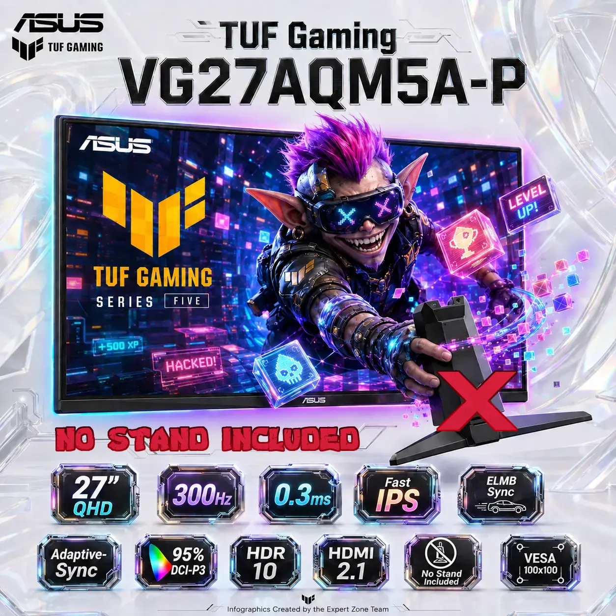 IMG_6ac615ab5e14a.webp ASUS TUF Gaming VG27AQM5A-P 27" QHD 300Hz Fast IPS Monitor , 0.3ms GTG , ELMB Sync , 95% DCI-P3 , HDR10 , G-SYNC Compatible , FreeSync Premium , Dual 2W Speakers , Gaming AI & Shadow Boost | No Stand Included - Image 1