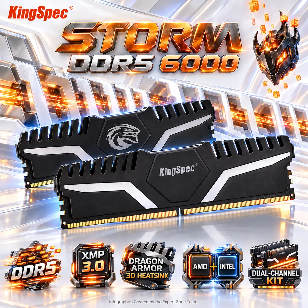 IMG_6ac763a2ef07b.webp KingSpec STORM DDR5 32GB Kit (2×16GB) 6000MT/s RAM (PC5 48000) CL38 Desktop Memory, AMD & Intel Compatible, Dragon Armor Hollow 3D Aluminum Heatsink | KS6000D5M12516G ● BLACK - Image 1