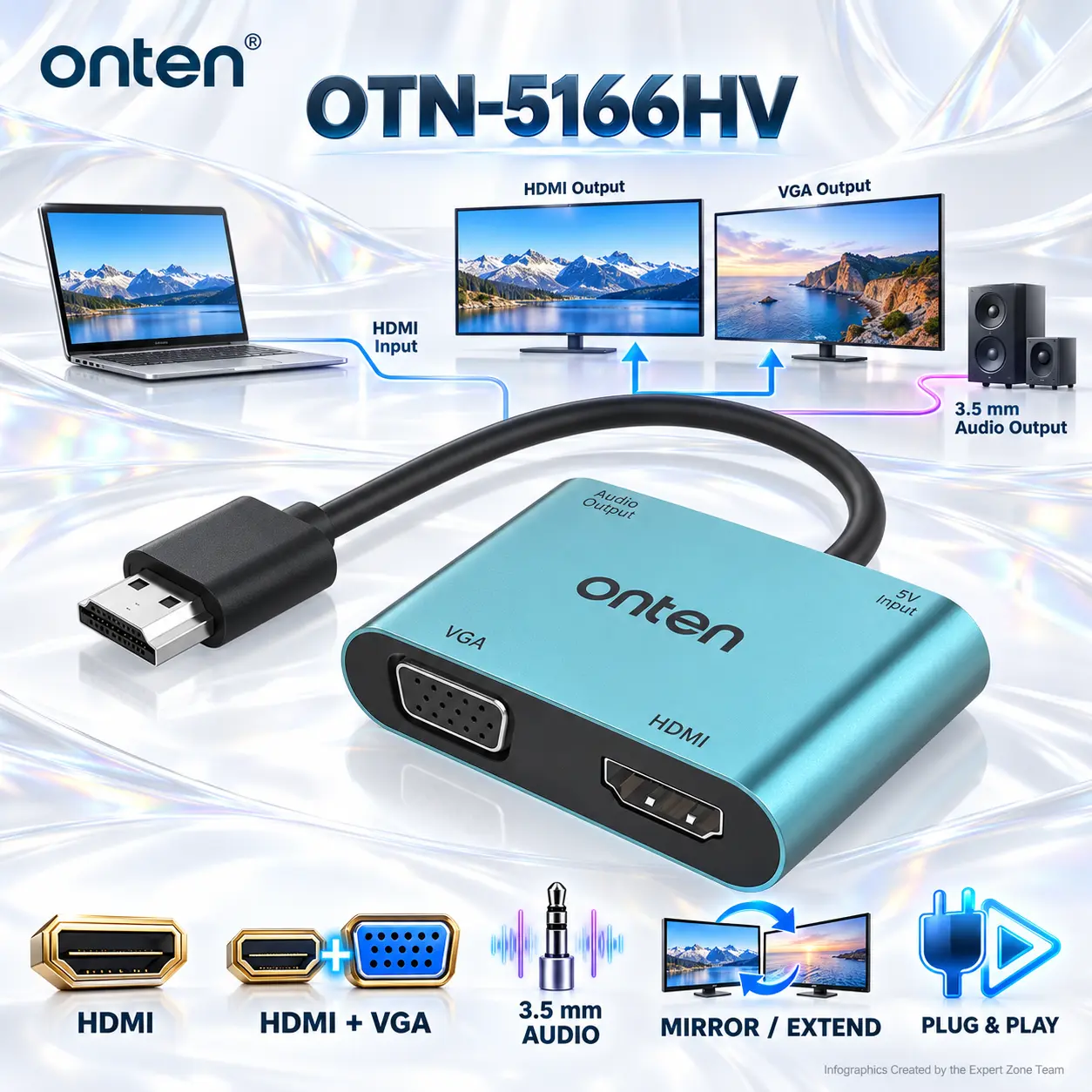IMG_6ac78c0985737-1.webp ONTEN OTN-5166HV 4-in-1 HDMI Adapter with HDMI + VGA Dual Display and 3.5 mm Audio Output - Image 1