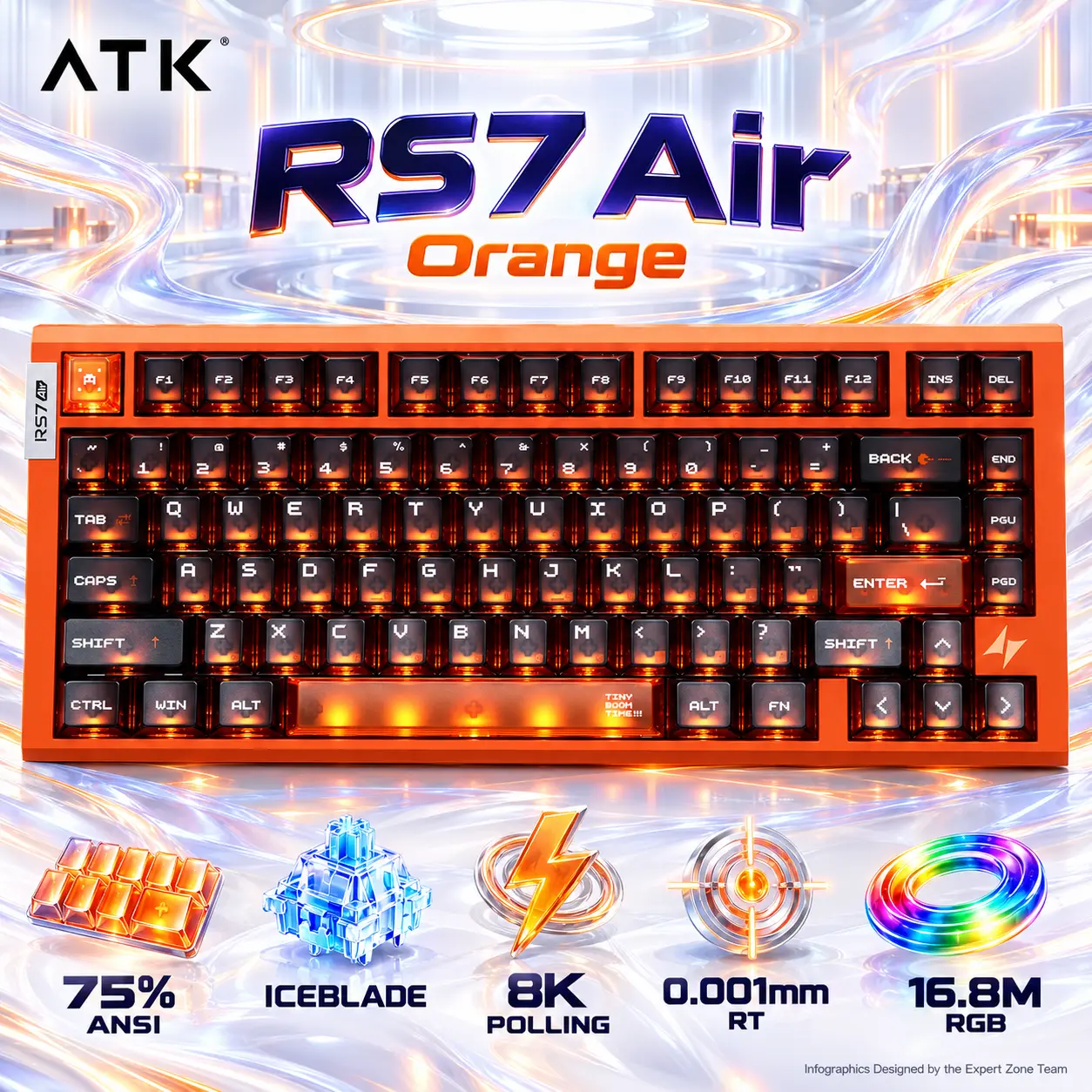 IMG_6ac8e79c917ff.webp ATK RS7 Air Orange 75% Wired Hall Effect Keyboard with Iceblade Magnetic Switches, 8,000Hz Polling, 0.001mm Rapid Trigger, 0.08ms Latency, RGB, Frosted PC Keycaps and Gasket Mount - Image 1