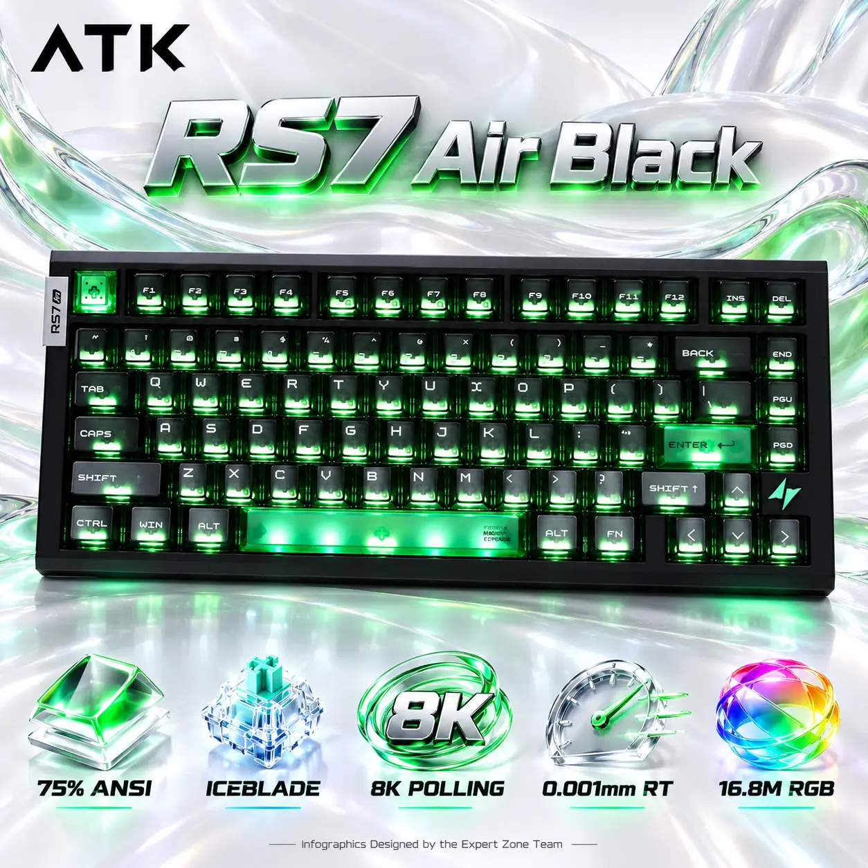 IMG_6ac8ecae710f1.webp ATK RS7 Air Black 75% Wired Hall Effect Keyboard with Iceblade Magnetic Switches, 8,000Hz Polling, 0.001mm Rapid Trigger, 0.08ms Latency, RGB, Frosted PC Keycaps and Gasket Mount - Image 1