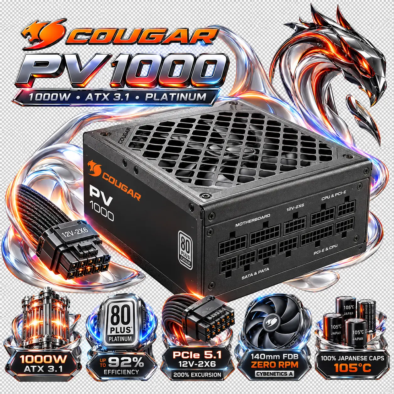 IMG_6ac9fea0074e5.webp COUGAR PV 1000 1000W Fully Modular ATX 3.1 PSU, 80 PLUS Platinum, PCIe 5.1 12V-2X6, Cybenetics Platinum/A, Zero RPM 140mm FDB | GM Plus 1000 - Image 1