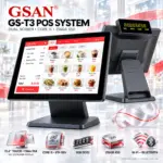 GSAN T3 Retail ALL in One POS Terminal Machine for Business With Wi-Fi & Bluetooth, Point of Sale Cash Register with Intel® Core i5 – 6ᵗʰ Gen , 8GB DDR3 RAM, 256GB SSD , 15.6″ Touch Screen +  LED8N 11 Digit Customer VFD Display  – 4 USB , VGA , Serial Com , RJ45 Ports – BLACK