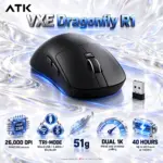 ATK VXE Dragonfly R1 Black Tri-Mode Gaming Mouse, PAW3395 Sensor, 26,000 DPI, 51g, Bluetooth, 2.4GHz, Wired USB, Dual 1K Polling, 40-Hour Battery
