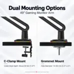 NB North Bayou F6 RGB Gaming Monitor Arm, 32–60″ Flat/Curved/Ultrawide Support, 20kg Capacity, Mechanical Spring, 75×75/100×100 VESA, 360° Rotation, Desk Clamp/Grommet | Matte Charcoal - Image 12