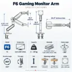 NB North Bayou F6 RGB Gaming Monitor Arm, 32–60″ Flat/Curved/Ultrawide Support, 20kg Capacity, Mechanical Spring, 75×75/100×100 VESA, 360° Rotation, Desk Clamp/Grommet | Matte Charcoal - Image 13