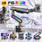 NB North Bayou F6 RGB Gaming Monitor Arm, 32–60″ Flat/Curved/Ultrawide Support, 20kg Capacity, Mechanical Spring, 75×75/100×100 VESA, 360° Rotation, Desk Clamp/Grommet | Matte Charcoal