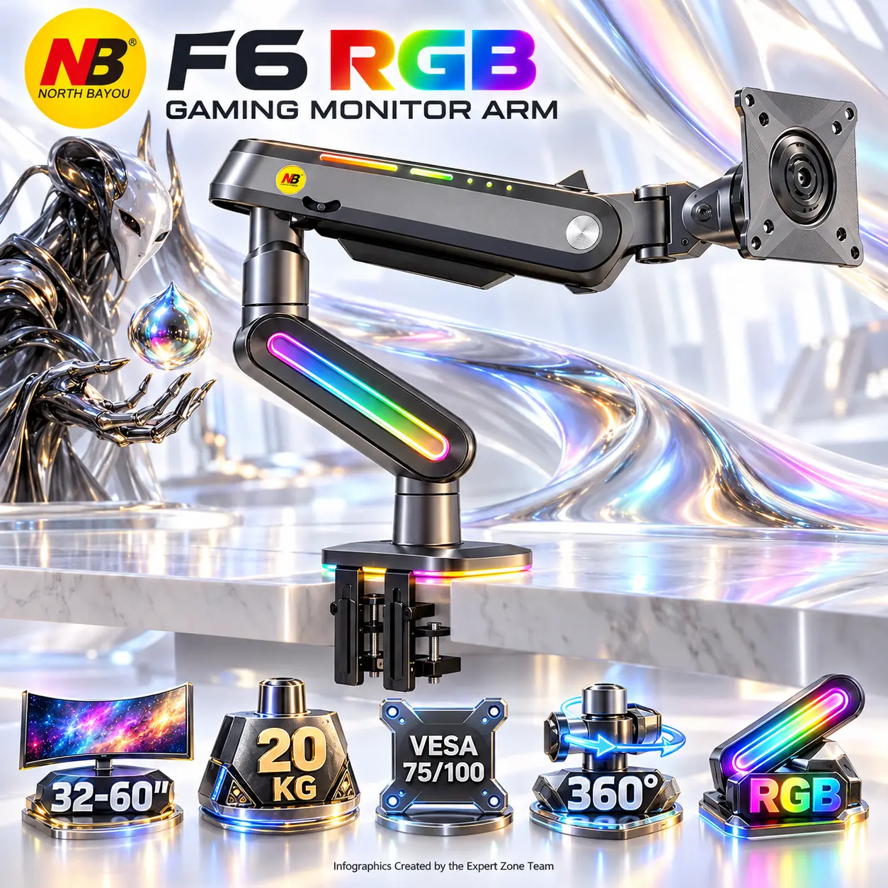 IMG_6acca771c6ca8.webp NB North Bayou F6 RGB Gaming Monitor Arm, 32–60″ Flat/Curved/Ultrawide Support, 20kg Capacity, Mechanical Spring, 75×75/100×100 VESA, 360° Rotation, Desk Clamp/Grommet | Matte Charcoal - Image 1