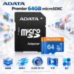 ADATA Premier 64GB microSDXC UHS-I Class 10 V10 A1 Memory Card with SD Adapter and Read Speeds up to 100 MB/s for Compatible Cameras, Phones, Tablets, and More