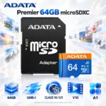 ADATA Premier 64GB microSDXC UHS-I Class 10 V10 A1 Memory Card with SD Adapter and Read Speeds up to 100 MB/s for Compatible Cameras, Phones, Tablets, and More