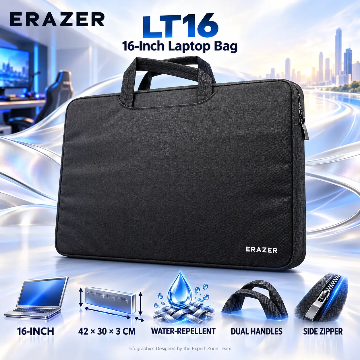 IMG_6accecff3b69a.webp ERAZER LT16 16-Inch Black Laptop Bag with Water-Repellent Fabric, Slim 42 × 30 × 3 cm Profile, Dual Hand-Carry Handles, and Side Zipper - Image 1