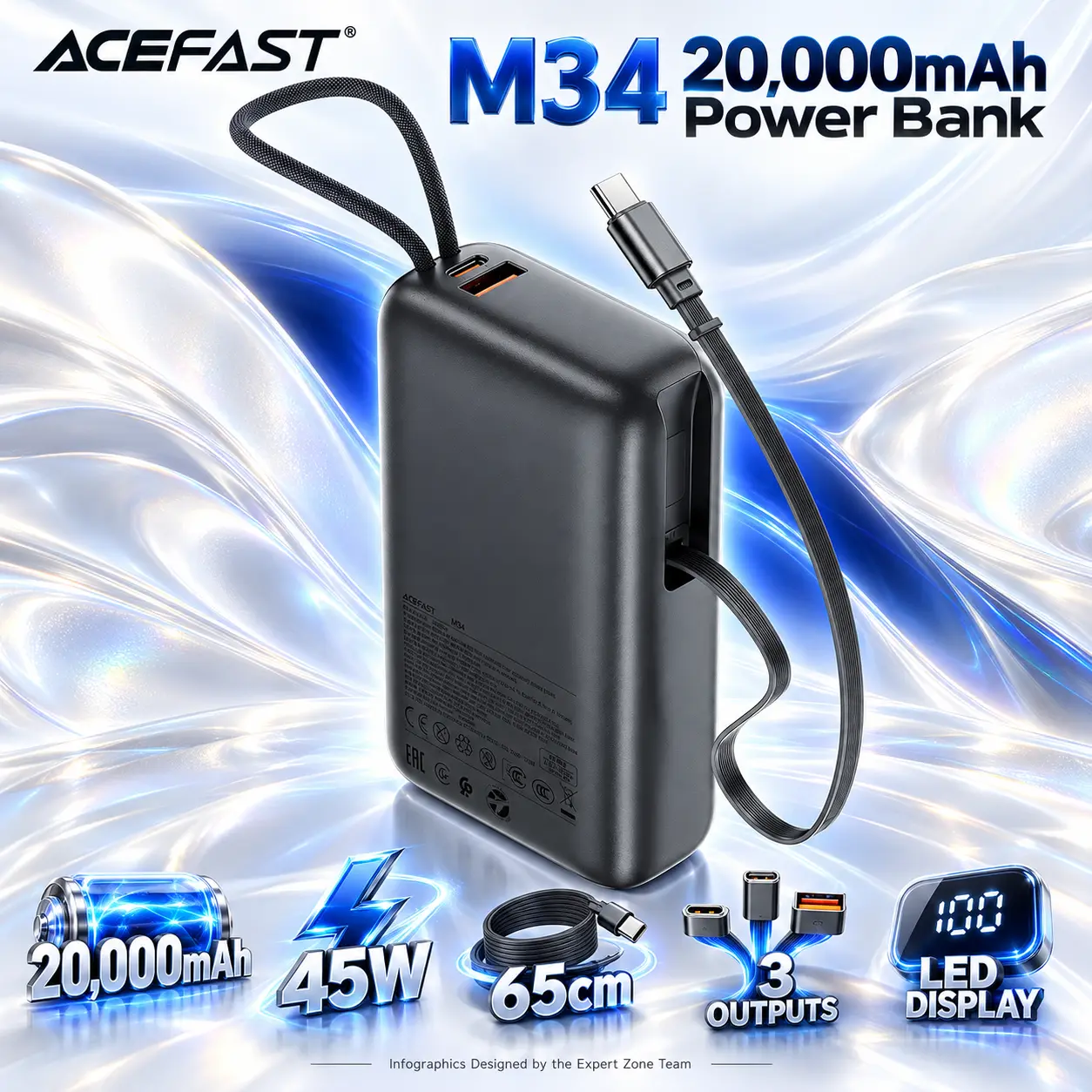 IMG_6accef4a3a5bd.webp ACEFAST M34 20,000mAh 45W Power Bank with 65cm Retractable USB-C Cable, USB-C and USB-A Outputs, LED Digital Display, and Built-In Carry Lanyard - Image 1