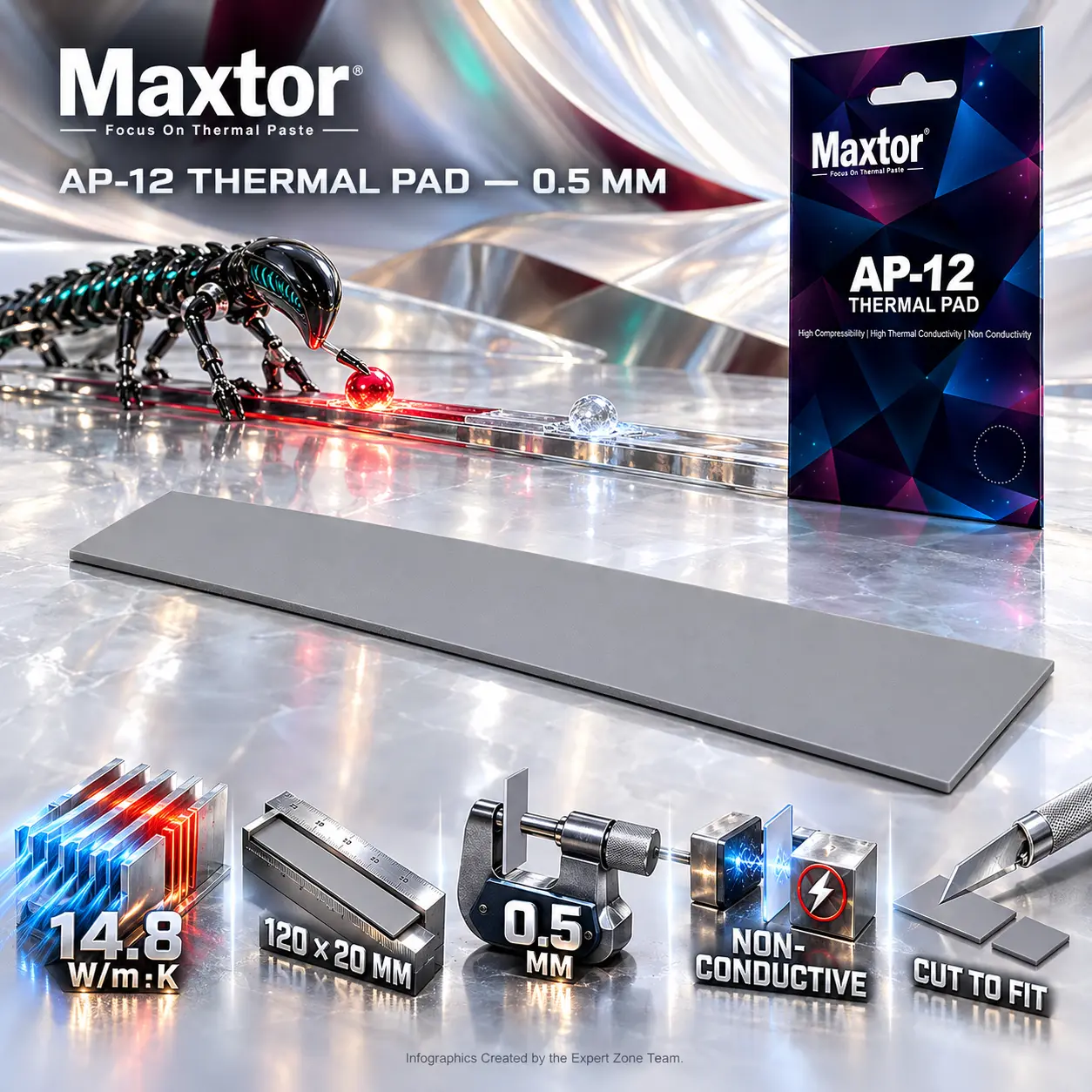IMG_6acd06984a17c.webp Maxtor AP-12 High-Performance Silicone Thermal Pad, 14.8W/m·K Thermal Conductivity, 120 × 20 × 0.5mm, Electrically Insulating, Cut-to-Fit for GPU VRAM, VRM, SSD & Laptop Cooling | Grey - Image 1