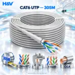 H&V FSU6305-0.5M Cat6 UTP Network Cable 305m (1000ft), 24AWG, 4-Pair CCA Copper-Clad Aluminum Conductors, Grey PVC Jacket, Bulk Unshielded Ethernet Cable for Network Installation