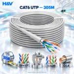 H&V FSU6305-0.5M Cat6 UTP Network Cable 305m (1000ft), 24AWG, 4-Pair CCA Copper-Clad Aluminum Conductors, Grey PVC Jacket, Bulk Unshielded Ethernet Cable for Network Installation