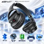 ACEFAST H10 Wireless Headset, Black, Bluetooth 5.4, 40 mm Hi-Fi Drivers, Gaming and Bass Boost Modes, HD Microphone, USB-C Charging, Up to 60-Hour Music Playback — ACEFAST-H10