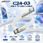 ACEFAST C24-03 White USB-C to USB-C Cable, 60W Fast Charging, USB 2.0 Data Transfer, Flat Nylon Braided Wire, Zinc Alloy Connectors, 1.2 m — ACEFAST-C24-03