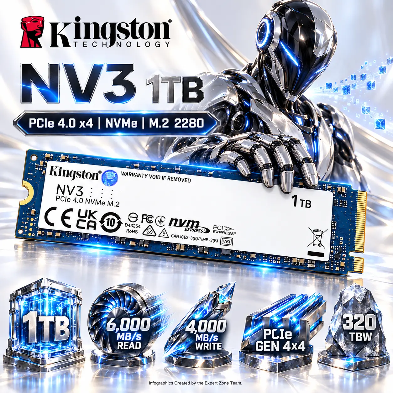 IMG_6acf39ae1a2e3.webp Kingston NV3 1TB M.2 2280 PCIe 4.0 x4 NVMe SSD, Up to 6,000MB/s Read, 4,000MB/s Write, 3D NAND, 320TBW Endurance, Single-Sided Internal Solid State Drive for Gaming PCs & Laptops | SNV3S/1000G ● USED - Image 1
