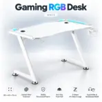 Gaming RGB Desk, 120 x 60 x 70 cm, Carbon Fiber Textured, Stable Structured Frame, Anti-Slip Foot Pad, Z-shape Aluminum Legs, Cup Holder and Headphone Hook | WHITE 
