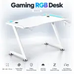Gaming RGB Desk, 120 x 60 x 70 cm, Carbon Fiber Textured, Stable Structured Frame, Anti-Slip Foot Pad, Z-shape Aluminum Legs, Cup Holder and Headphone Hook | WHITE 