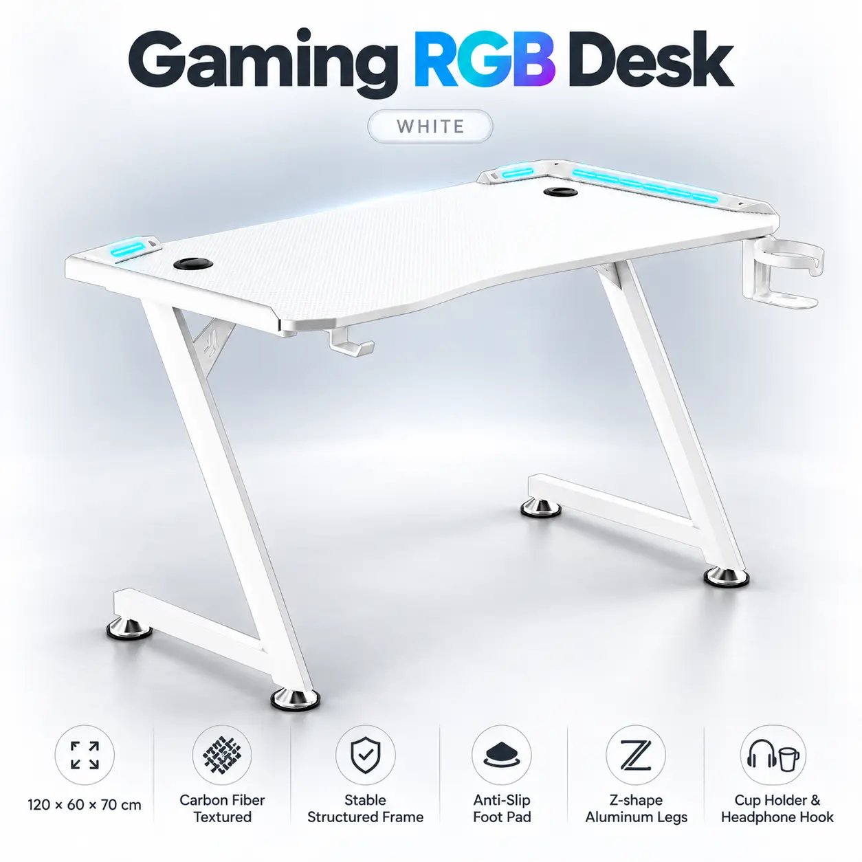 IMG_6acf6acd97e46.webp Gaming RGB Desk, 120 x 60 x 70 cm, Carbon Fiber Textured, Stable Structured Frame, Anti-Slip Foot Pad, Z-shape Aluminum Legs, Cup Holder and Headphone Hook | WHITE - Image 1