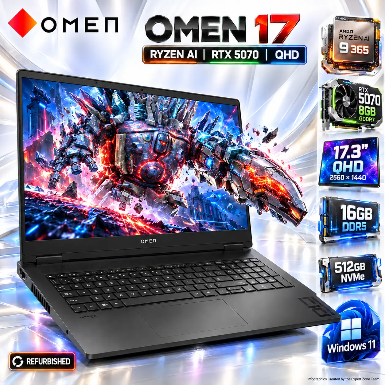 IMG_6acf79dc63f8f.webp HP OMEN 17 Gaming Laptop, Ryzen AI 9 365 | 16GB DDR5 RAM ; 512GB NVMe | RTX 5070 (8GB) | 17.3-inch QHD 2560×1440 Display | Windows 11 Home | Shadow Black ● 17-DB1XXX ● Refurb 1 YR WNTY - Image 1