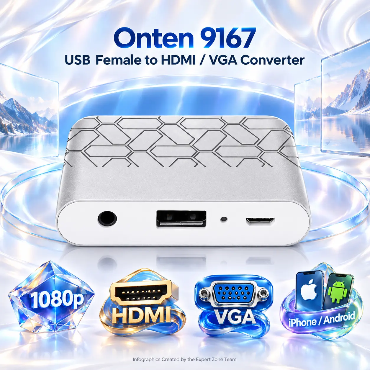 IMG_6acf7d0fb3e7b.webp Onten OTN-9167 USB Female to HDMI / VGA Converter for iPhone and Android, 1080p HD - Image 1