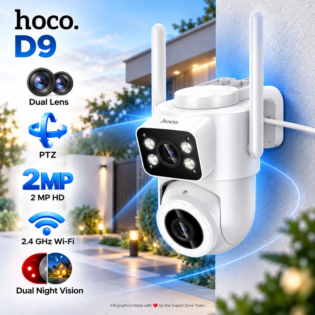 IMG_6acf875c9d471-1.webp HOCO D9 White Outdoor PTZ Dual-Lens Security Camera, 2 MP HD, 2.4 GHz Wi-Fi, Smartphone App Control, Pan & Tilt, Infrared and Full-Colour Night Vision - Image 1