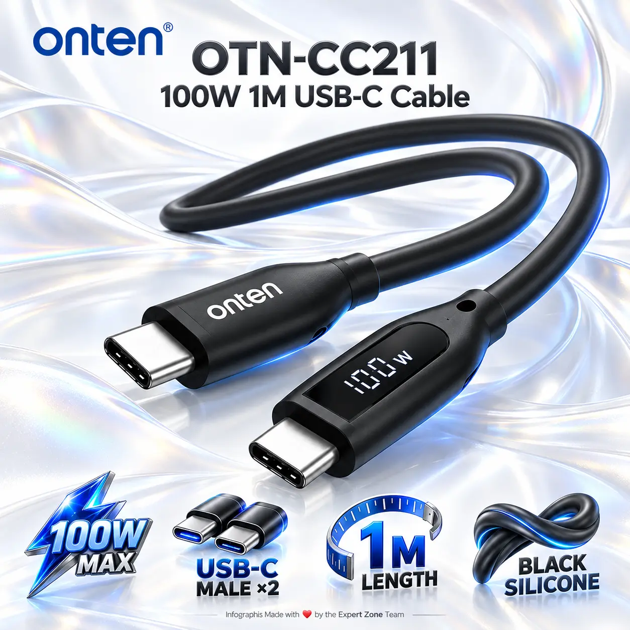 IMG_6ad22e7f45383-1.webp Onten OTN-CC211 Black Silicone USB-C to USB-C Charging Cable, 1 Meter, 100W Maximum Charging, Dual USB Type-C Male Connectors - Image 1