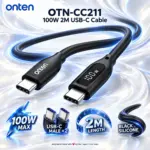 Onten OTN-CC211 Black Silicone USB-C to USB-C Charging Cable, 2 Meters, 100W Maximum Charging, Dual USB Type-C Male Connectors
