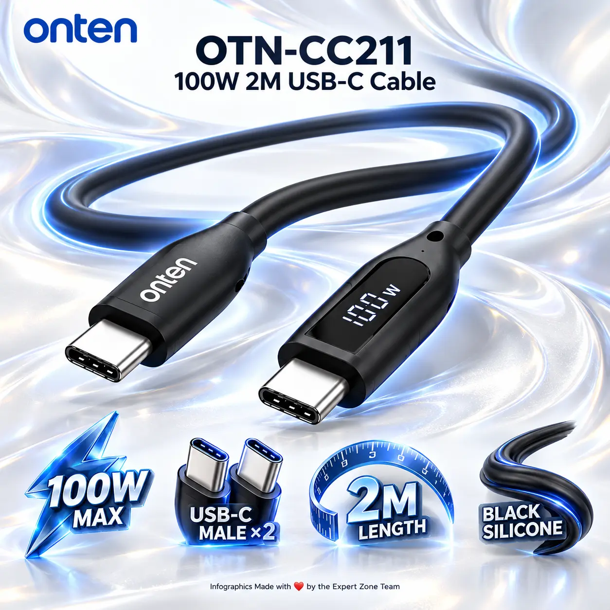 IMG_6ad22fa4cde7a-1.webp Onten OTN-CC211 Black Silicone USB-C to USB-C Charging Cable, 2 Meters, 100W Maximum Charging, Dual USB Type-C Male Connectors - Image 1