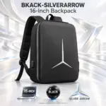 Black 16-Inch Backpack with Silver Arrow Design and Padded Shoulder Straps