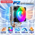 COOLMOON P2 CPU Air Cooler with Two Copper Heat Pipes, 90 mm Mixed-Color LED Fan, 45 CFM, 1,800 RPM, 23 dBA, 3-Pin