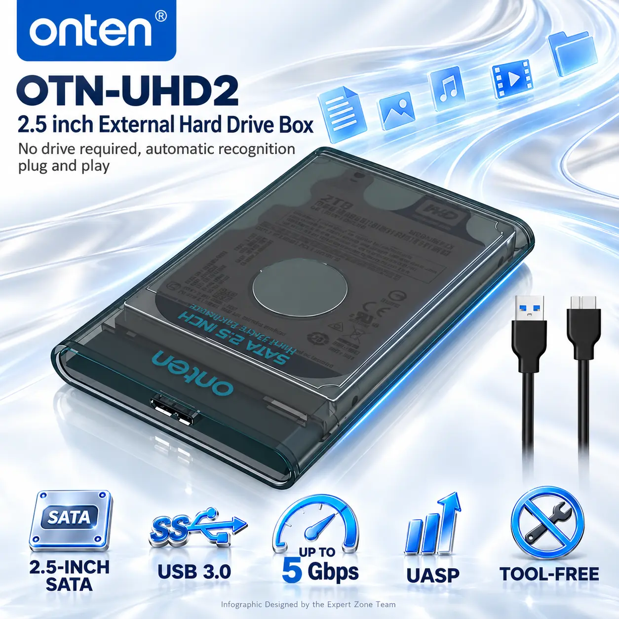 IMG_6ad35a054cea8-1.webp ONTEN OTN-UHD2 Transparent USB 3.0 Enclosure for 2.5-Inch SATA I/II/III HDDs and SSDs, Tool-Free Plug-and-Play, Up to 5 Gbps with UASP - Image 1