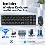 Belkin BBZ010 Wireless Keyboard and Mouse Combo, 2.4 GHz, Full-Size Keyboard with Number Pad, Ambidextrous 3-Button Mouse, USB-A Receiver, Black
