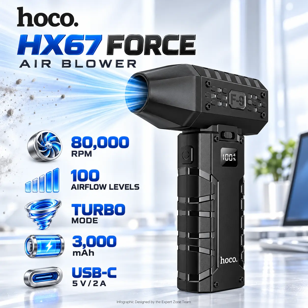 IMG_6ad35d0beff4a.webp HOCO HX67 Force Portable Air Blower, Up to 80,000 RPM, 100 Airflow Levels plus Turbo, LED Display, 3,000 mAh Battery, USB-C - Image 1