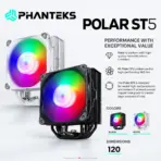 Phanteks Polar ST5 CPU Air Cooler, 5×6mm Copper Heatpipes, 120mm M25 D-RGB PWM Fan, 2000 RPM, 84.26 CFM, 154mm, AMD AM4/AM5 & Intel LGA1700 | BLACK - Image 4