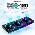 Phanteks D28-120 Reverse Flow D-RGB PWM 3-Pack, Infinity Mirror Side Lighting, 28mm Modular Fans, 1800 RPM, 72.05 CFM, 5V ARGB, 4-Pin PWM | BLACK  - Image 2