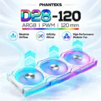 Phanteks D28-120 Reverse Flow D-RGB PWM 3-Pack, Infinity Mirror Side Lighting, 28mm Modular Fans, 1800 RPM, 72.05 CFM, 5V ARGB, 4-Pin PWM | WHITE  - Image 2