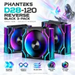 Phanteks D28-120 Reverse Flow D-RGB PWM 3-Pack, Infinity Mirror Side Lighting, 28mm Modular Fans, 1800 RPM, 72.05 CFM, 5V ARGB, 4-Pin PWM | BLACK 